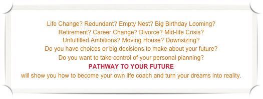 
Life Change? Redundant? Empty Nest? Big Birthday Looming? 
Retirement? Career Change? Divorce? Mid-life Crisis?
Unfulfilled Ambitions? Moving House? Downsizing?
Do you have choices or big decisions to make about your future?  
Do you want to take control of your personal planning?
PATHWAY TO YOUR FUTURE
will show you how to become your own life coach and turn your dreams into reality.  