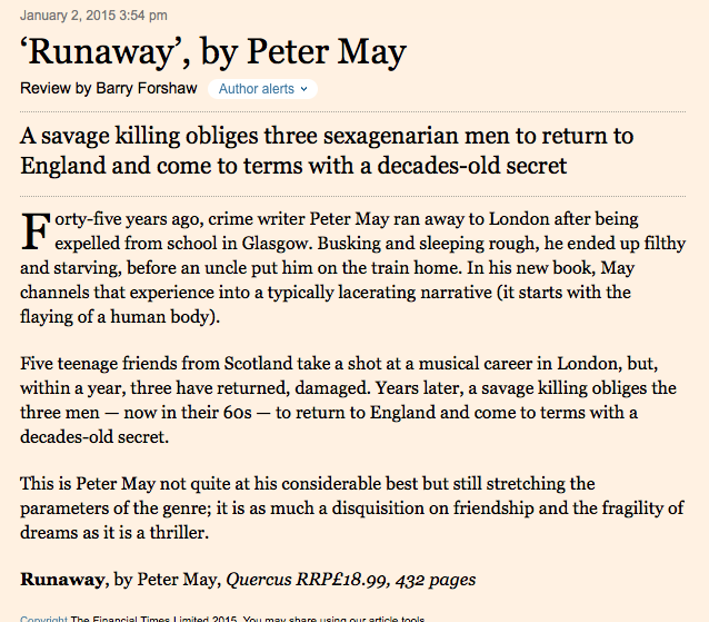 Financial times review of Runaway by Peter May